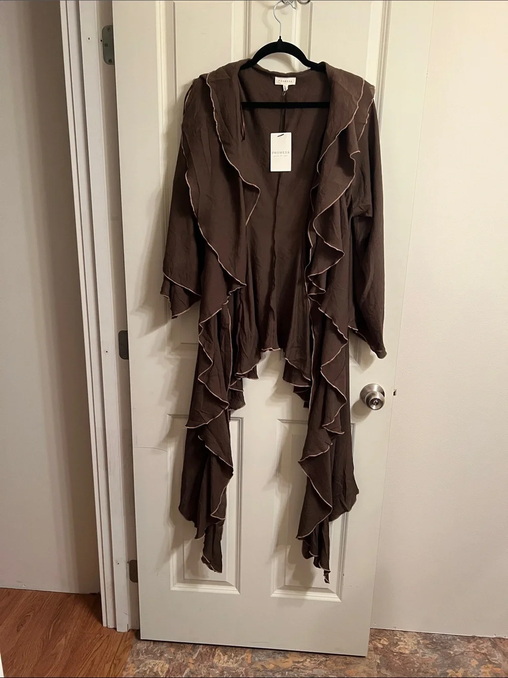 Brown Ruffled Duster Cover-Up Waterfall front Size L